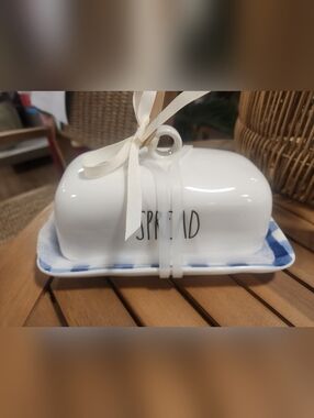 Rae Dunn Ceramic Butter Dish with 'SPREAD' Text - White and Blue